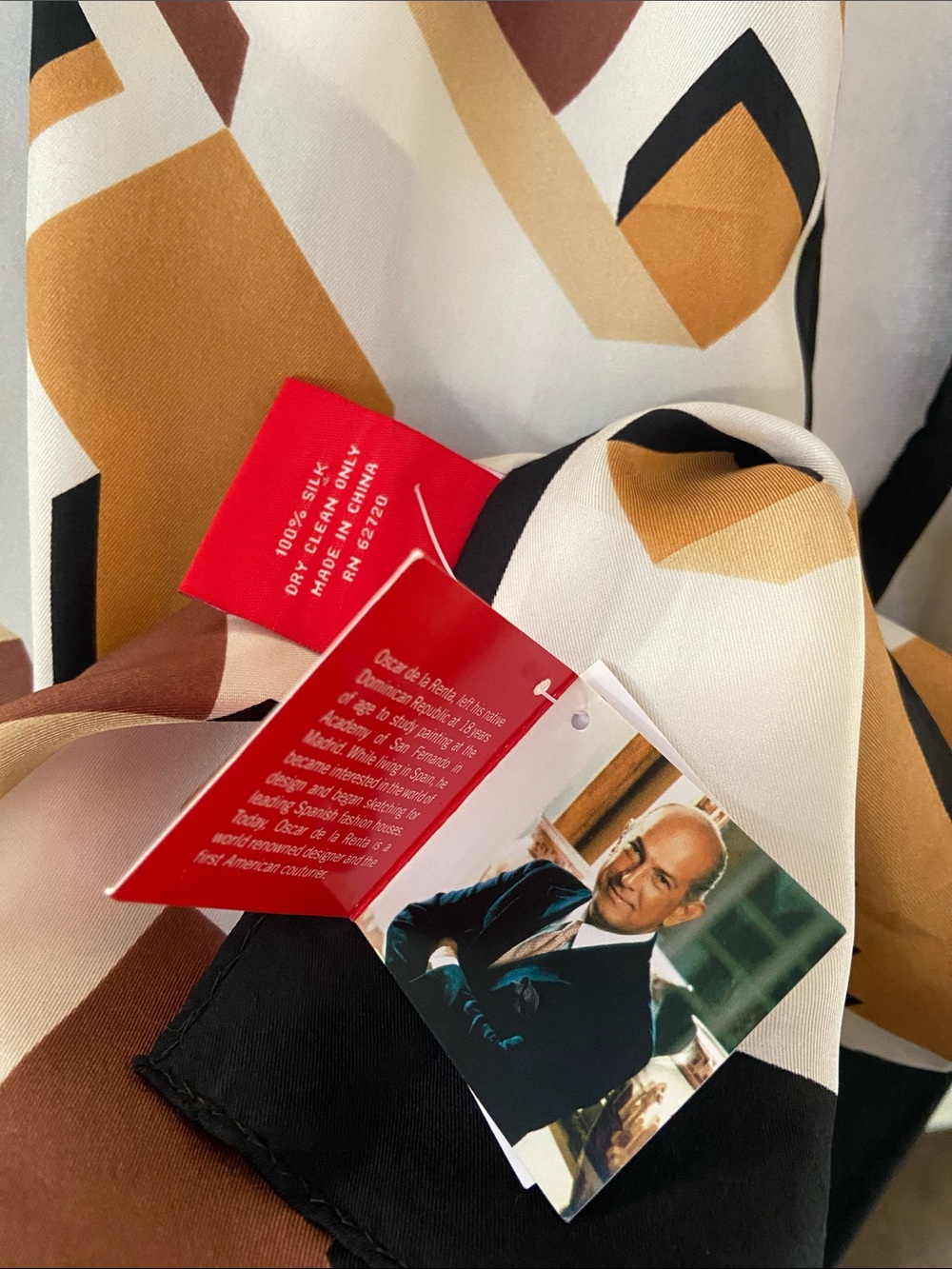 Oscar de la Renta Geometric Silk Scarf in Shades of Brown & Cream, Black Border - Picture 8 of 12
